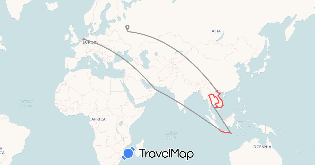 TravelMap itinerary: driving, plane, hiking in Indonesia, Cambodia, Laos, Netherlands, Oman, Russia, Thailand, Vietnam (Asia, Europe)